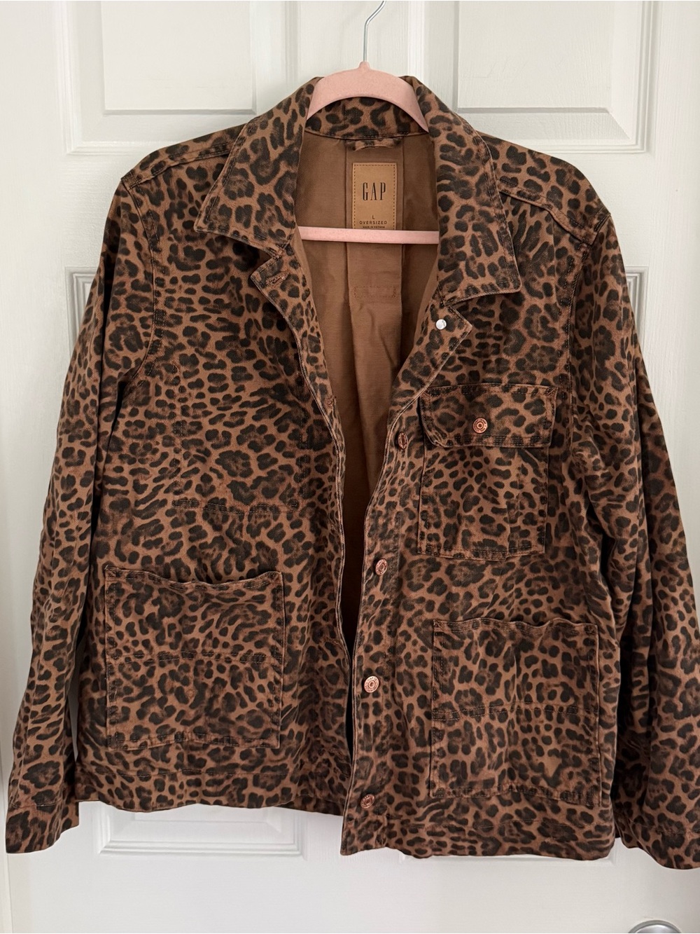 GAP Women's Brown Leopard Print Oversized Denim Jacket-L